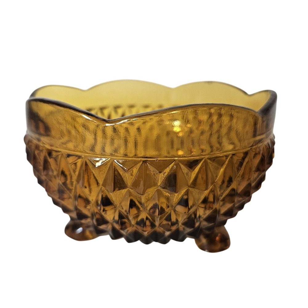 Vintage Indiana Glass Amber Pointed Diamond Scalloped Footed Candy Nut Bowl